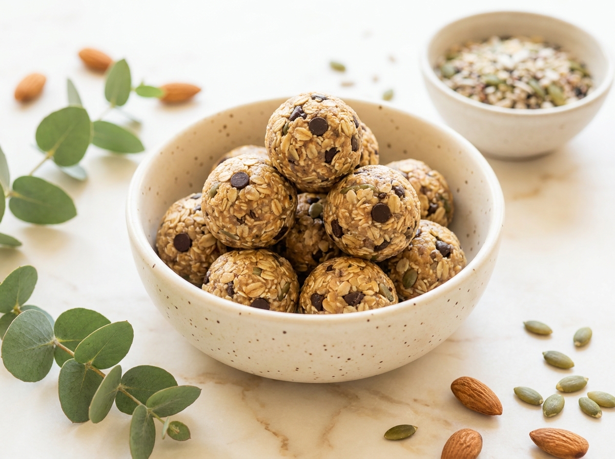 A bowl of soy-free oat and seed energy bites